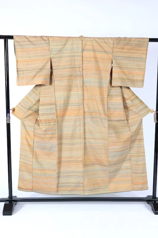 Gujo Tsumugi(Japan used kimono) – Beige, Indigo, Yellow – Horizontal Stripes – Botanical Dye – Hand-spun – K321