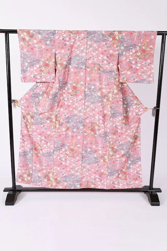 Komon (used kimono fabric) - Coral shades, purple, gold, vermilion, blue, green, yellow-green, flowers, butterflies - Kyo-Yuzen (Kyoto-style dyeing) - B1434