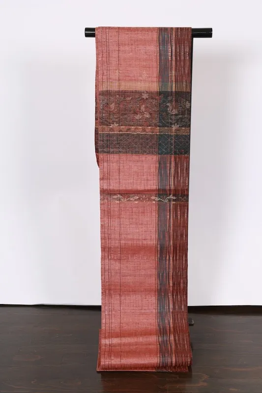 Fukuro Obi(used sash) – Watabun – Hand-woven – Shades of brown and indigo – Varied stripes – Horizontal bands – Stylized floral motifs (Karahana)B994