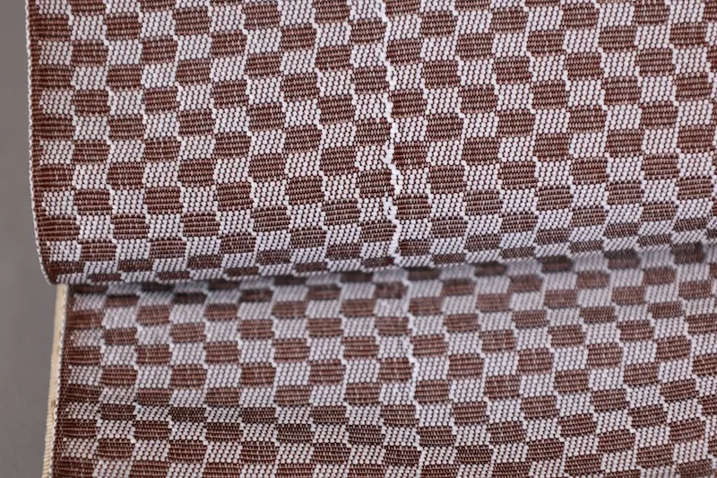 Men's Yukata Obi used (Sash) - Reversible - Beige/Brown with Horizontal Stripes, Reverse Side Purple/Brown with Checkered Pattern - L126