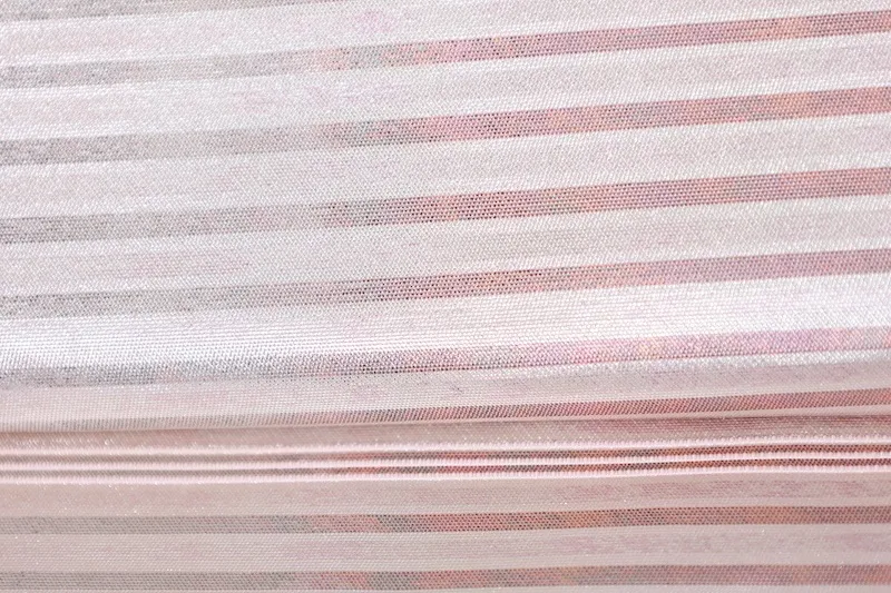 Nagoya Obi(used sash) – Silver, Champagne Pink, Gold – Horizontal Stripes, Butterflies, Flowers, Mother-of-Pearl Inlay (Raden) – R224