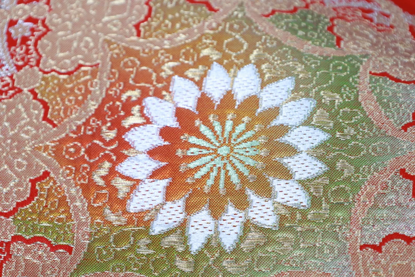 Nagoya Obi(used sash) – Red, Gold, Silver, Green, White – Shosoin Pattern – R115