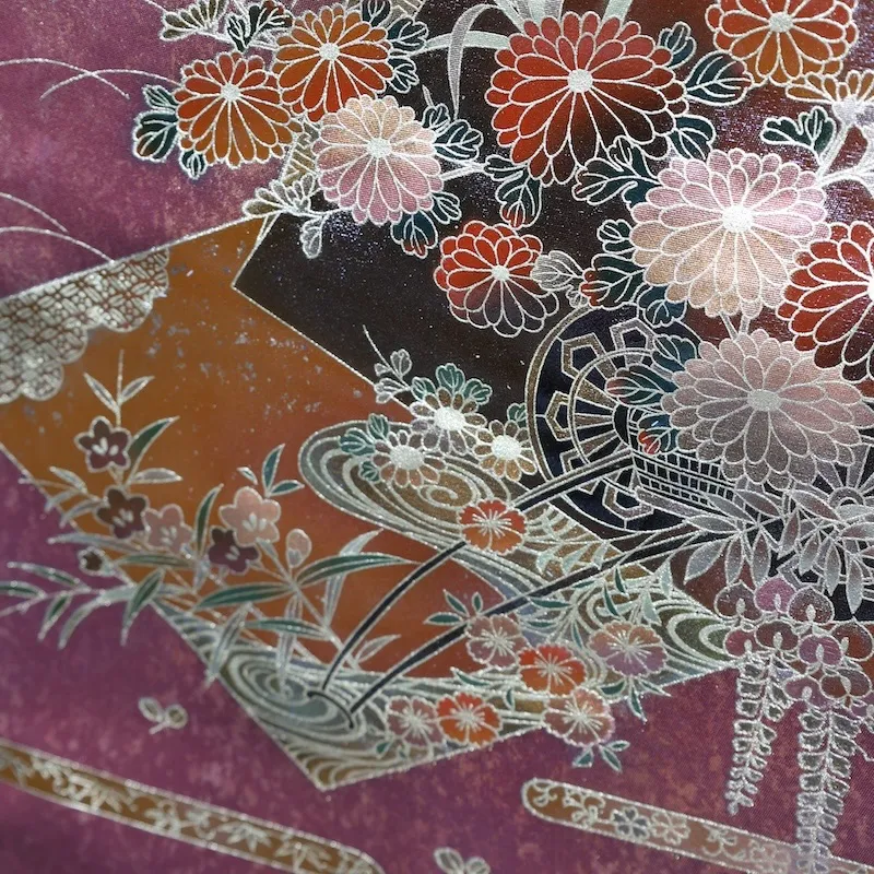Fukuro obi　used (formal sash), lacquer and gold leaf, plum blossoms, chrysanthemums, cherry blossoms, seigaiha (wave pattern), flower cart, rust-red, tataki (stamped) finish, taiko (drum-shaped) pattern, P