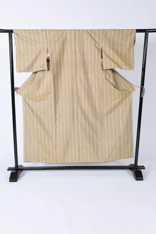Japan used kimono – Gray, Beige, and Brown Stripes – Botanical Dye – Hand-woven – B1387