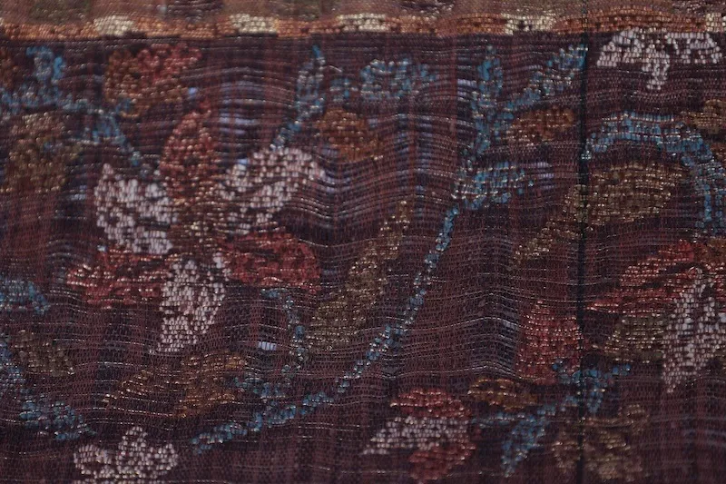 Fukuro Obi(used sash) – Watabun – Hand-woven – Shades of brown and indigo – Varied stripes – Horizontal bands – Stylized floral motifs (Karahana)B994