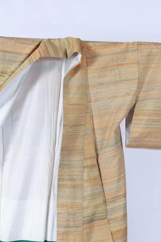 Gujo Tsumugi(Japan used kimono) – Beige, Indigo, Yellow – Horizontal Stripes – Botanical Dye – Hand-spun – K321