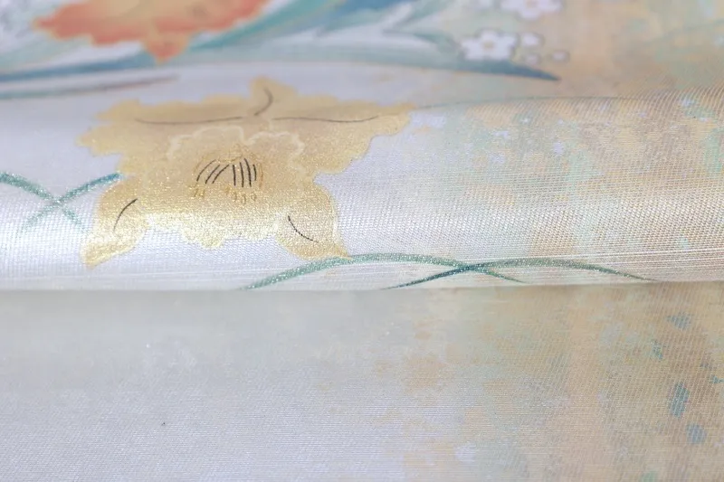 Nagoya Obi fabric – Brand New, Untailored – Silver, Gold – Mother-of-Pearl Inlay (Raden) – Gold/Silver –  A406