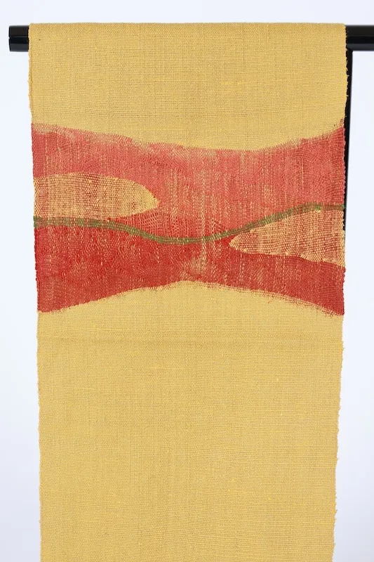 Nagoya obi used(sash), Tsumugi silk, mustard yellow, green, red, handwoven, geometric pattern, L4
