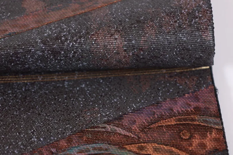 Brand new, unused obi (sash). Purple, gray, purple, green. Burnt foil, floral pattern, gold-embossed leather. L26