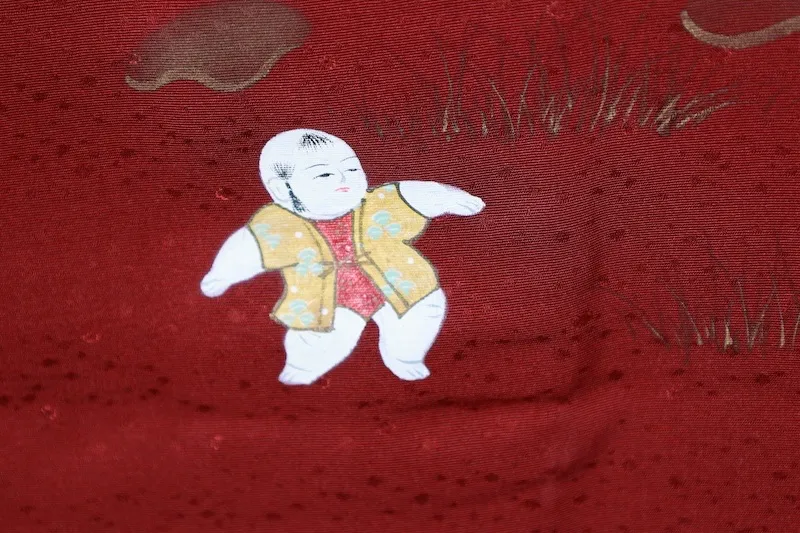 Japan used Haori Jacket – Dark Reddish-Brown, Gold, White, Green, Purple; Children Motif (T174)