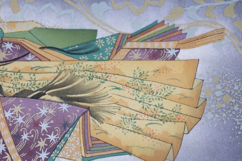 Fukuro obi used(formal sash) - Gray, Gold, Indigo, Green, Purple, Ochre, Silver - Tarumoto Isezo - Kasen (poet), Flute, Seigaiha (wave pattern), Flower - Kyo-Yuzen (Kyoto-style dyeing) - L9