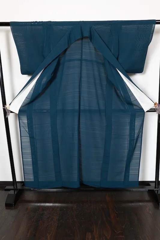 Summer  Komon (used Kimono) – *Ro* Weave – Iron Navy – Horizontal Stripe Pattern – R36