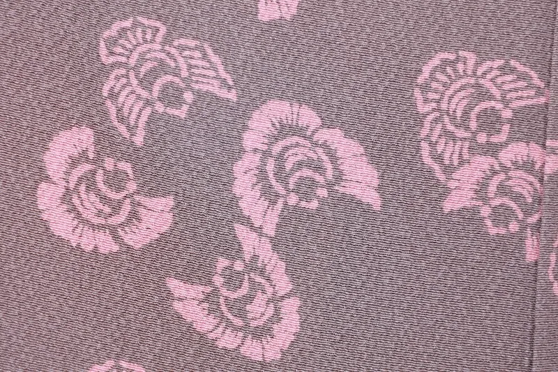 Komon (Japan used kimono silk crepe) by Tsujimura Jusaburo, gray with cherry blossom pink, featuring a swollen sparrow design, R163