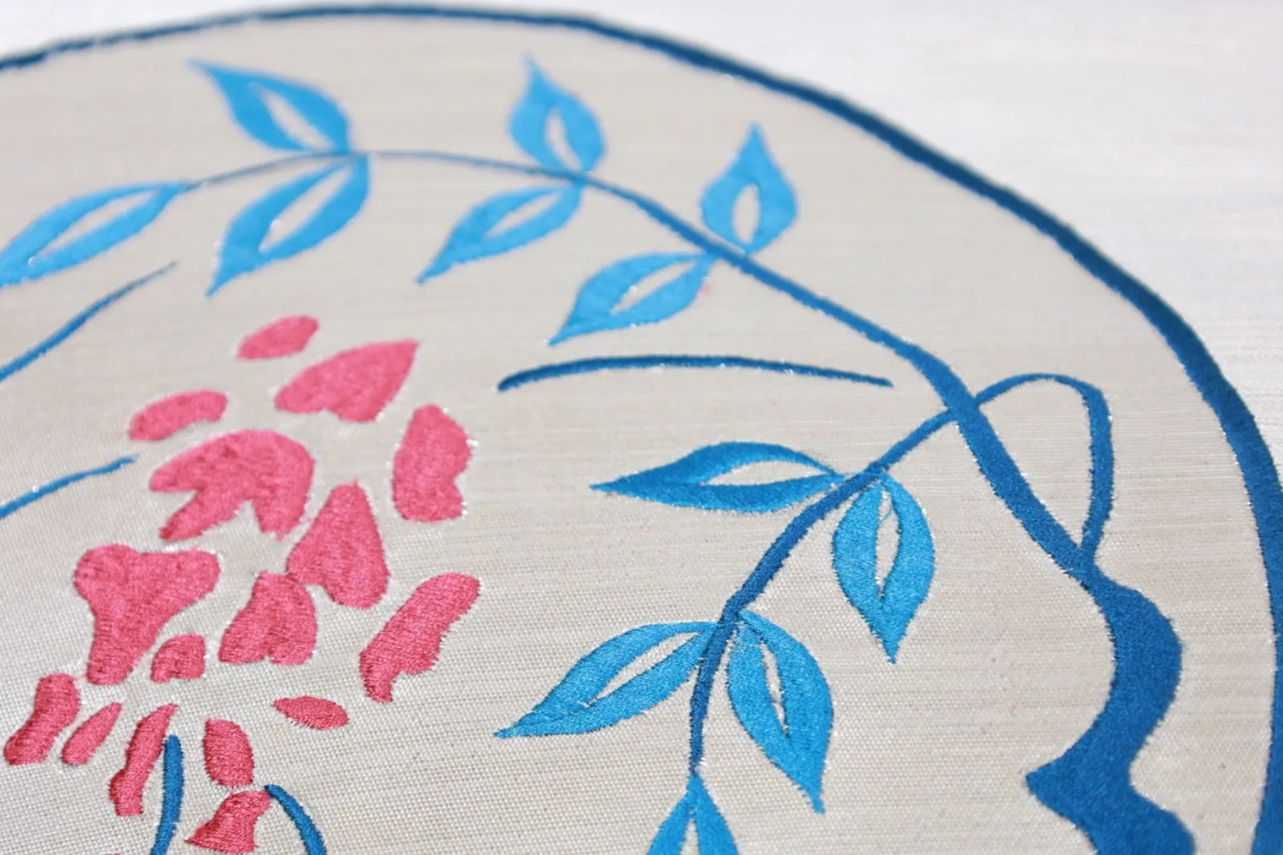 Nagoya Obi(used sash) – Pearl, Silver, Red, Blue – Floral Embroidery (R112)