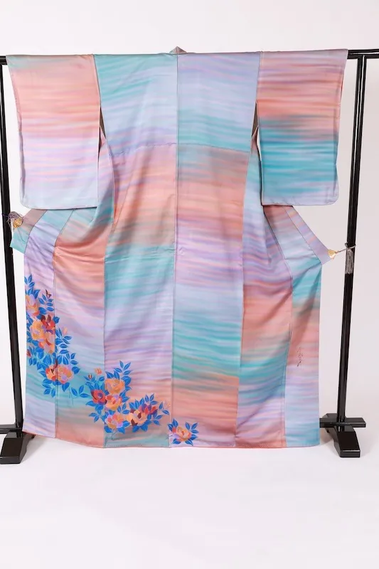 Visiting kimono used, blue, purple, red, orange, brown, hand-painted, irregular horizontal stripes, by Saito Sansai, B1424