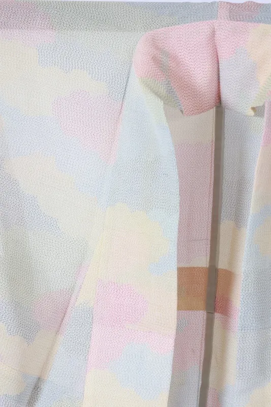 Japan used kimono Summer Tsumugi silk fabric, light blue, red, green, light yellow, cloud pattern, L55