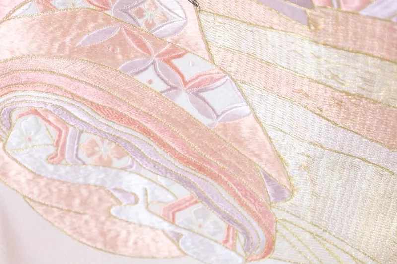 Japan used kimono – Beige, Cherry Blossom Pink, Gold, Purple, Black – Hand-Embroidered  – B1413