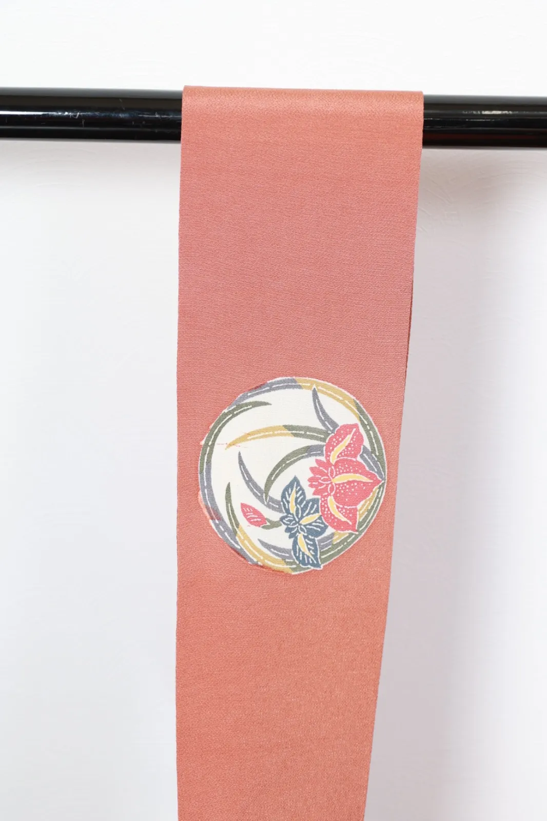 Nagoya Obi(used sash)– Bingata Style – Coral Pink, Gray, Red, Yellow, Blue, Off-White  (R128)