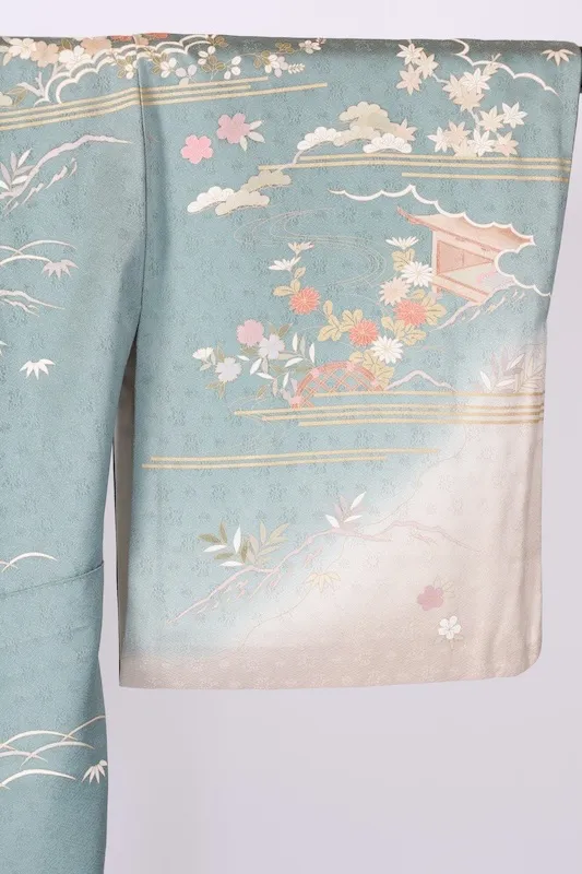 Formal used kimono (Houmongi) - Blue-gray, gold, coral red, purple, white, green, mandarin ducks, flowers, auspicious motifs, waves, Kyo-Yuzen dyeing, B1378