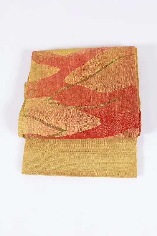 Nagoya obi used(sash), Tsumugi silk, mustard yellow, green, red, handwoven, geometric pattern, L4