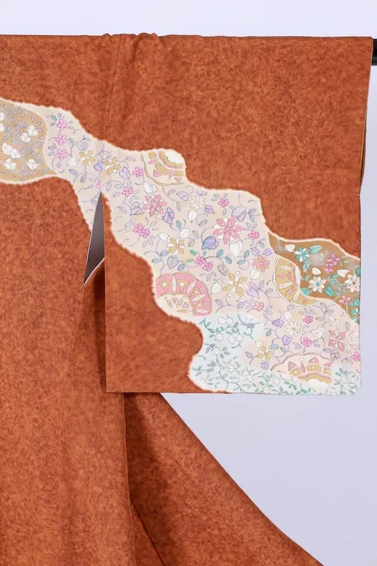 Visiting kimono used, brown, purple, coral, green, ink, gold, blue, floral pattern, hand-painted Kyoto Yuzen dyeing, B1410