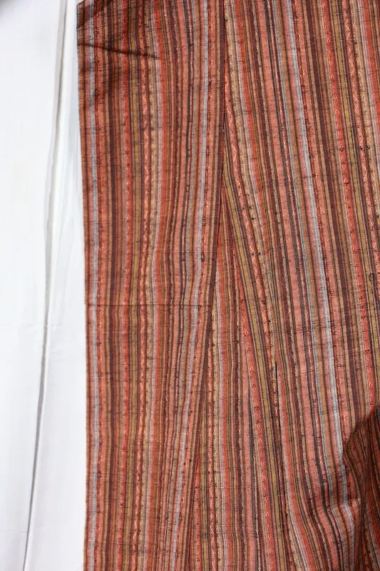 Nishijin Tsumugi(used kimono) – Shades of Brown, Crimson, and Gray – Stripes  – R147