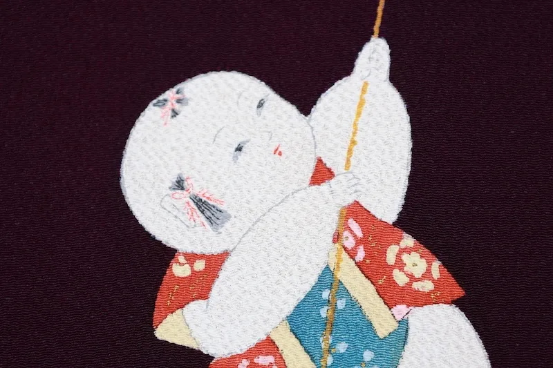 Nagoya obi used (sash), crepe silk, purple, red, white, light blue, black, hand-painted, children's design, L50