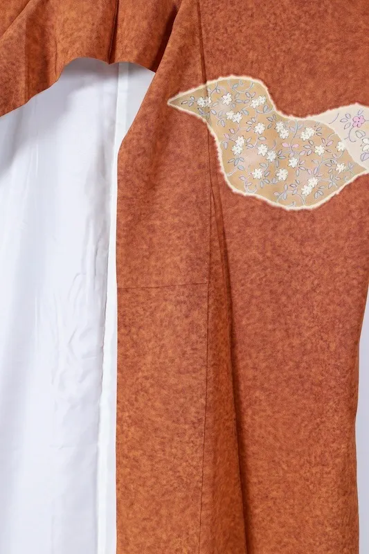 Visiting kimono used, brown, purple, coral, green, ink, gold, blue, floral pattern, hand-painted Kyoto Yuzen dyeing, B1410