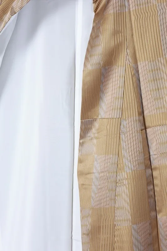 Komon (Japan kimono), brand new, unused. Mustard, blue, and gray stripes and checkered pattern. Printed Yuzen dyeing technique. B1379
