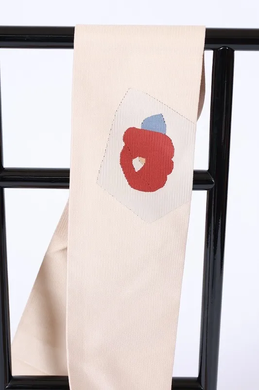 Nagoya obi used (sash) - Beige, brown, green, blue, red, camellia pattern, L53