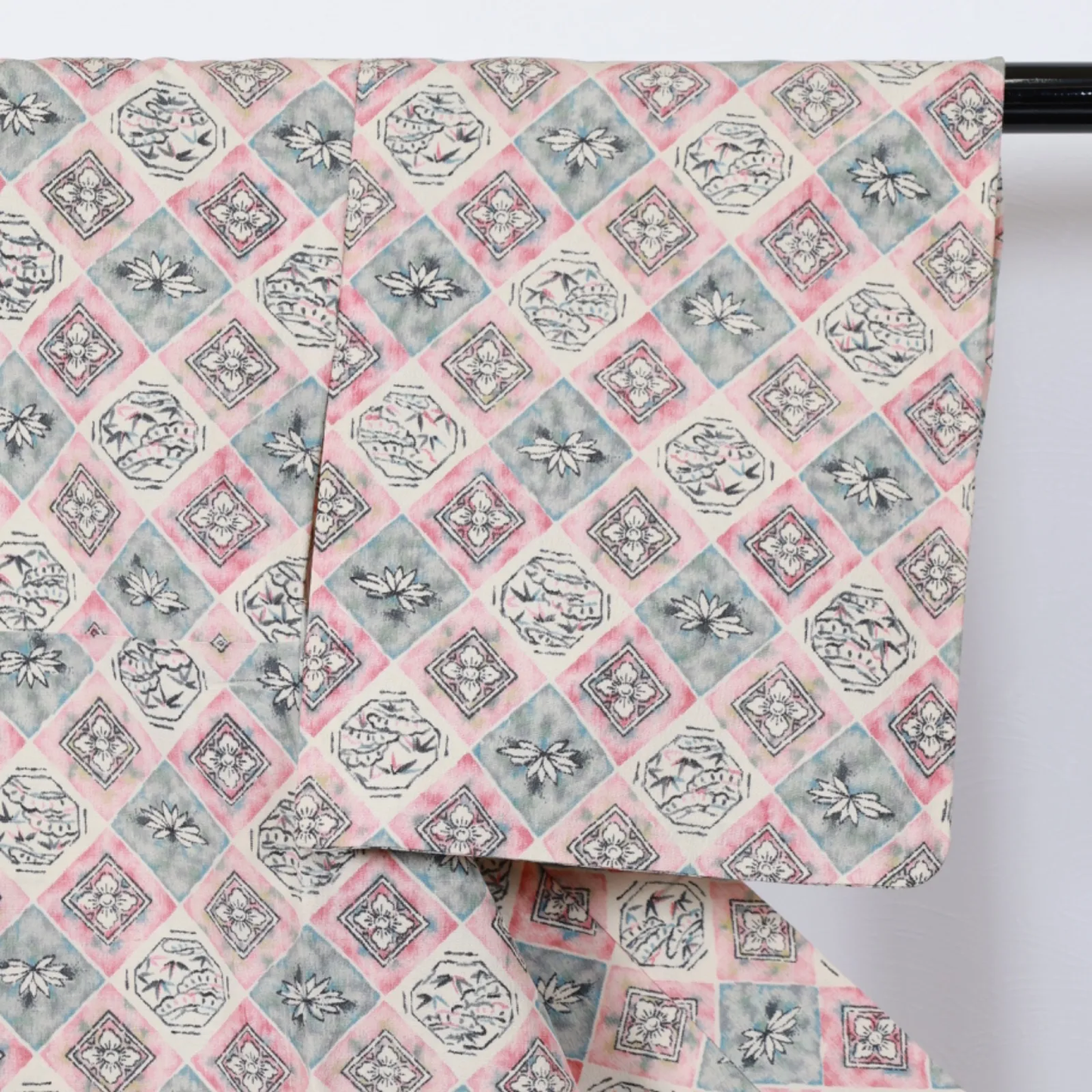Japan used kimono fabric, beige, pink, gray, black, floral pattern, T28