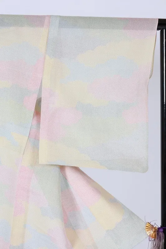 Japan used kimono Summer Tsumugi silk fabric, light blue, red, green, light yellow, cloud pattern, L55