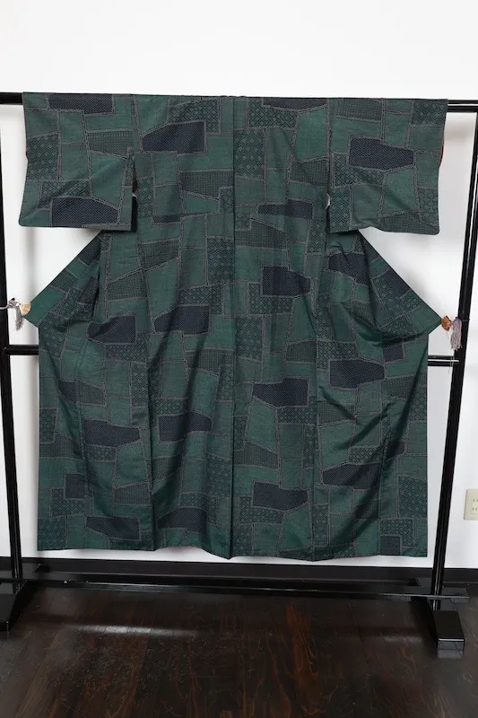 Tsumugi silk fabric, green, indigo, beige, geometric pattern, R168