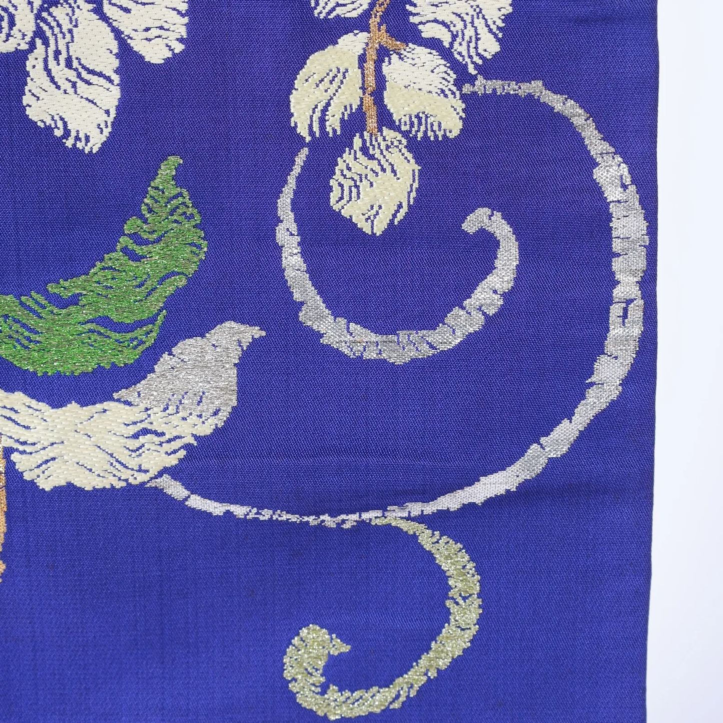 Authentic Fukuro Obi used(formal obi sash), handwoven, brocade, Tatsumura brand, blue, silver, gold, off-white, green V31