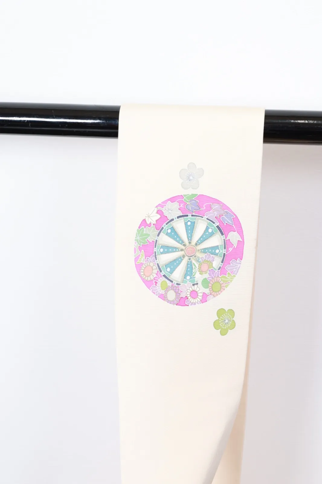 Nagoya Obi(used sash) – Shioze silk – Off-white, pink, blue, gold, silver Hand-painted – R108