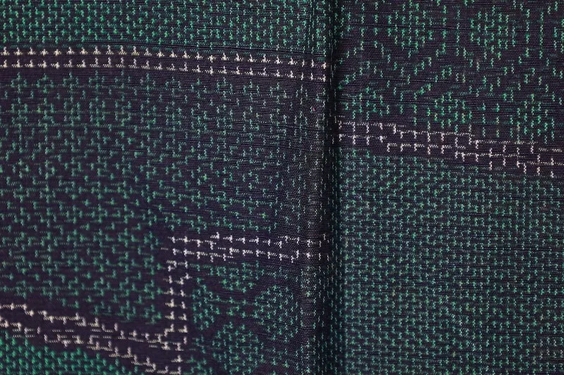 Tsumugi silk fabric, green, indigo, beige, geometric pattern, R168