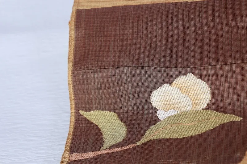 Nagoya Obi – Brand New, Untailored – Mustard, Brown, Green – Camellia (A410)