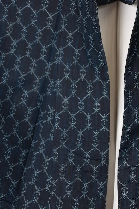 Japan used kimono  (Tsumugi silk fabric), shades of indigo,  geometric pattern, R140