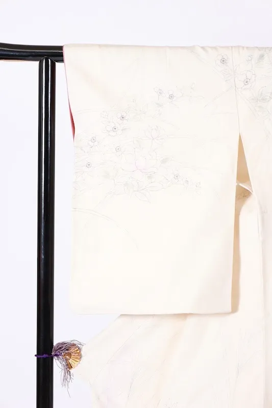 Silk pongee visiting kimono used, off-white, ink, light purple, light green, floral pattern, hand-painted, B1394