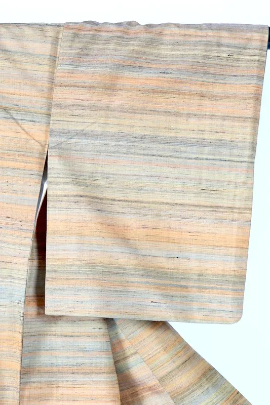 Gujo Tsumugi(Japan used kimono) – Beige, Indigo, Yellow – Horizontal Stripes – Botanical Dye – Hand-spun – K321