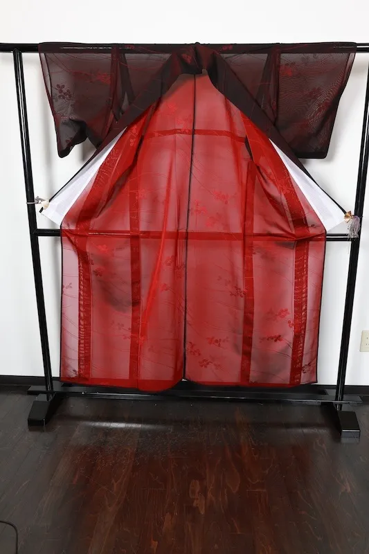 Summer Komon (used kimono fabric), Nishijin weave, black and red, floral and dewdrop pattern, R24