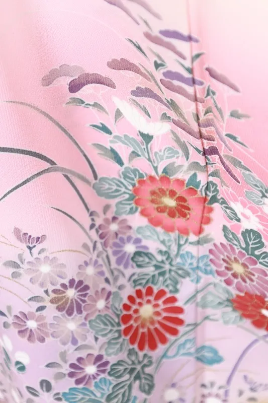 Visiting kimono used, cherry blossom pink, gray, gold, coral red, purple, indigo, green, Kyo-Yuzen dyeing, B1406