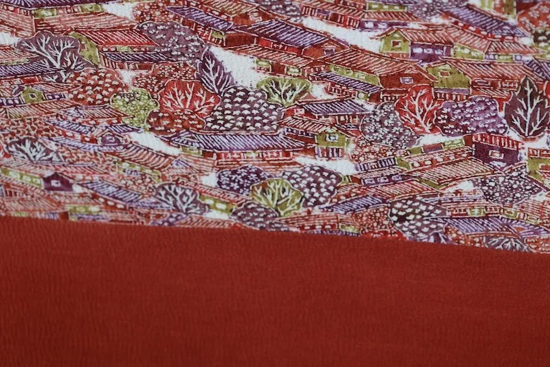 Nagoya obi (sash), brand new, unstitched, brick pattern, green, purple, off-white, landscape design, J30