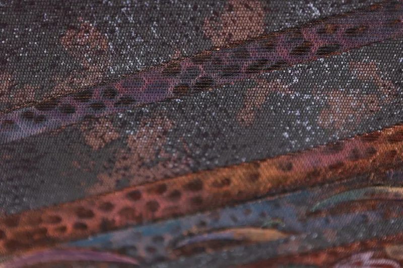 Brand new, unused obi (sash). Purple, gray, purple, green. Burnt foil, floral pattern, gold-embossed leather. L26