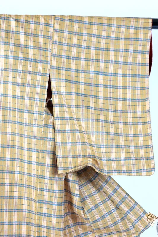 Tsumugi(Japan used kimono) – Yellow, Red, and Blue Plaid – K324