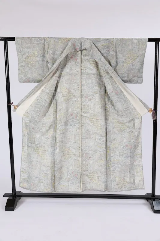 Japan Pre-loved Kimono – Gray, White, Yellow-Green, Coral Pink  – A079