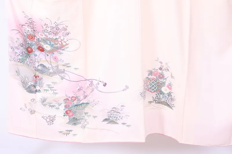 Visiting kimono used, cherry blossom pink, gray, gold, coral red, purple, indigo, green, Kyo-Yuzen dyeing, B1406
