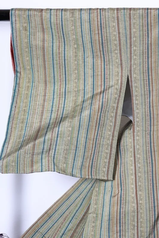 Tsumugi silk(Japan used kimono), Hakata weave, vertical stripe pattern, shades of green, indigo, brown, yellow, irregular stripes, R166