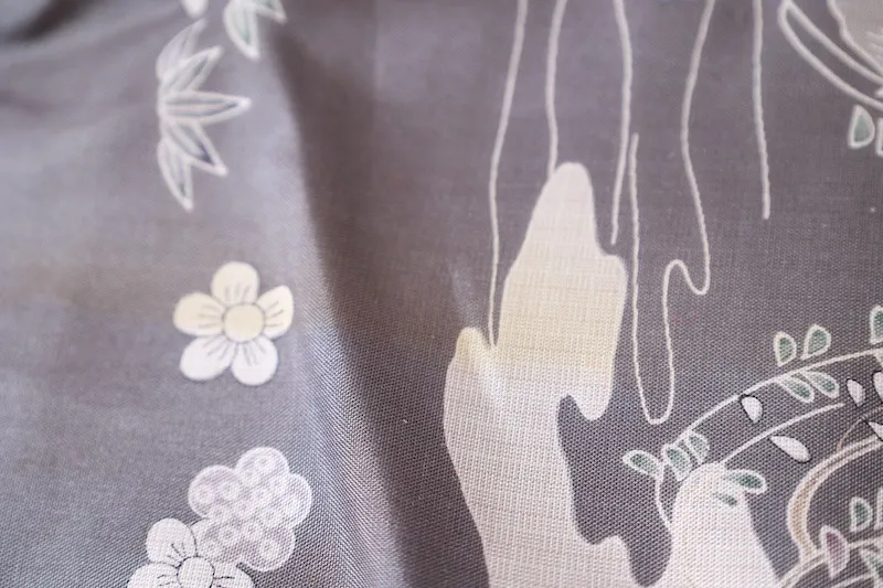 Oshima Tsumugi formal kimono used (houmongi) - shades of gray, black, purple, white, brown, green - Edo period landscape and floral pattern - L111