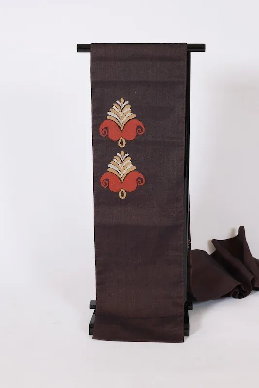 Nagoya obi　used (sash), Tsumugi silk, purple, red, yellow, off-white, floral pattern, handwoven, L8